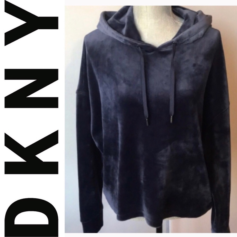 New DKNY navy velvet sweater with hood
